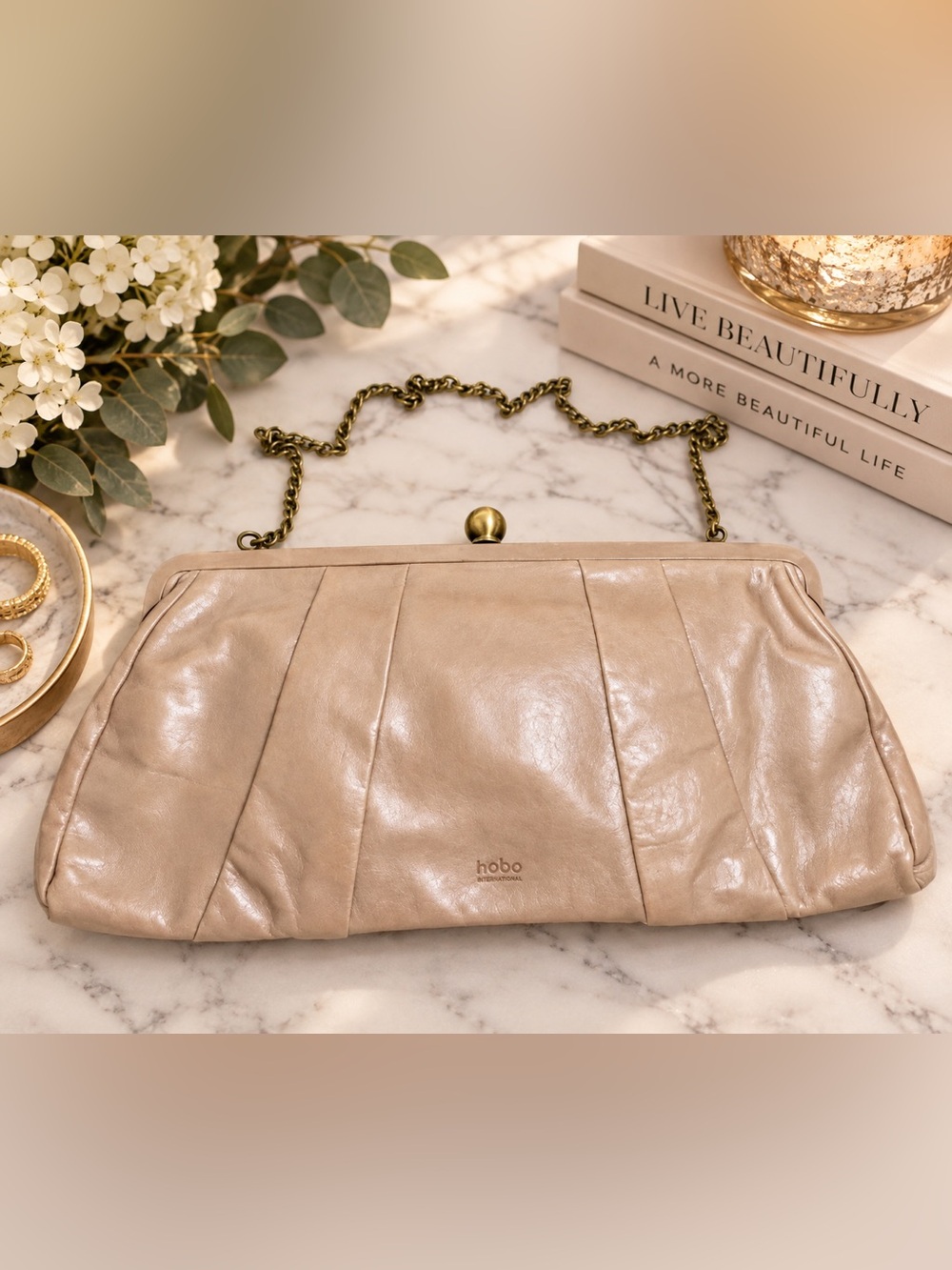 HOBO International Taupe Leather Frame Clutch Shoulder Bag Chain Strap